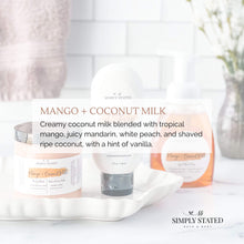 Mango Coconut Milk Hand Soap. Creamy coconut milk blended with tropical mango, juicy mandarin, white peach, and shaved ripe coconut, with a hint of vanilla.