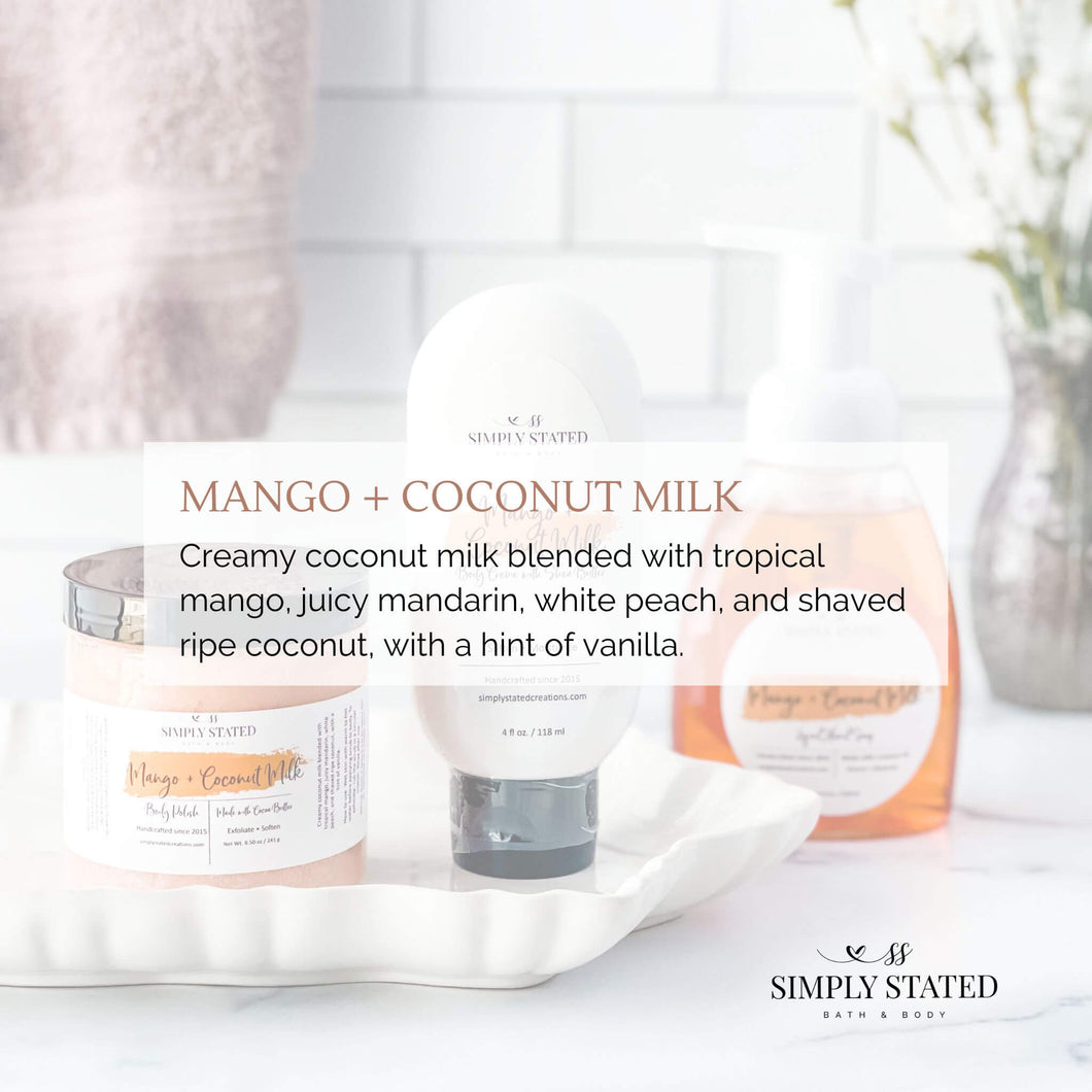 Mango Coconut Milk Foaming Body Polish. Creamy coconut milk blended with tropical mango, juicy mandarin, white peach, and shaved ripe coconut, with a hint of vanilla. 