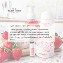 Market Berry Fusion Body Creme. The fragrance of freshly picked strawberries merges with the velvety creaminess, evoking images of Farmers Market stalls overflowing with vibrant berries and the promise of delightful treats.