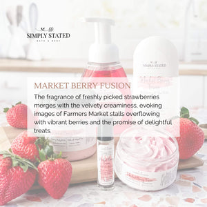 Market Berry Fusion Body Oil. The fragrance of freshly picked strawberries merges with the velvety creaminess, evoking images of Farmers Market stalls overflowing with vibrant berries and the promise of delightful treats.