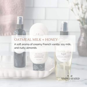 Oatmeal Milk Honey Body Oil. A soft aroma of creamy French vanilla, soy milk, and nutty almonds. 