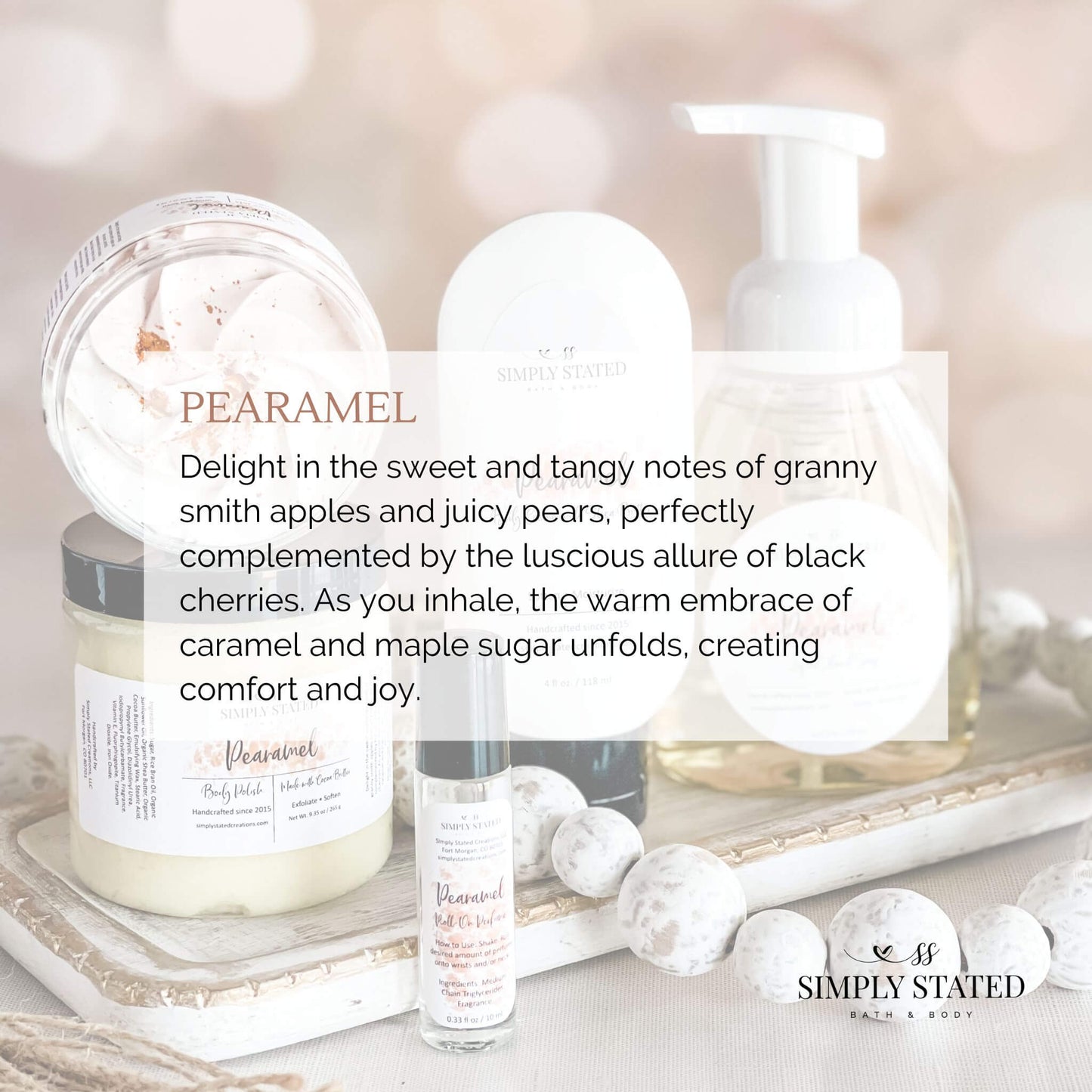 Pearamel Body Polish. Delight in the sweet and tangy notes of granny smith apples and juicy pears, perfectly complemented by the luscious allure of black cherries. As you inhale, the warm embrace of caramel and maple sugar unfolds, creating comfort and joy.