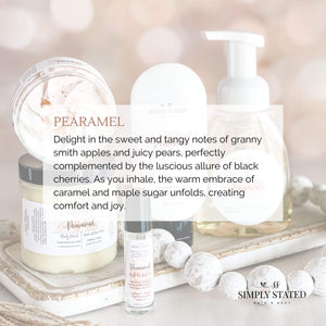 Pearamel Body Polish. Delight in the sweet and tangy notes of granny smith apples and juicy pears, perfectly complemented by the luscious allure of black cherries. As you inhale, the warm embrace of caramel and maple sugar unfolds, creating comfort and joy.