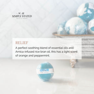 Relief bath bombs. A perfect soothing blend of essential oils and Arnica-infused rice bran oil, this has a light scent of orange and peppermint. 