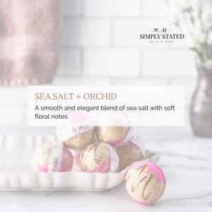 Sea Salt Orchid bath bombs. A smooth and elegant blend of sea salt with soft floral notes.