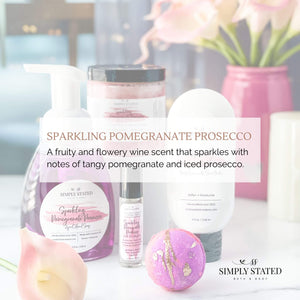 Sparkling Pomegranate Prosecco Body Polish. A fruity and flowery wine scent that sparkles with notes of tangy pomegranate and iced prosecco. 