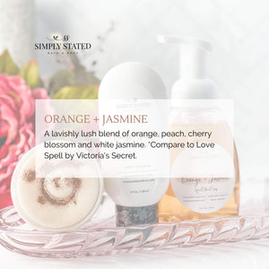 Orange Jasmine Hand Soap. A lavishly lush blend of orange, peach, cherry blossom and white jasmine. Our best selling scent from Spring that returns every year! (Dupe from VS Love Spell)