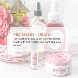 Wild Berries Mimosa Body Oil. Ripe wild berries and sweet Valencia orange mingle with pink mimosa and night blooming jasmine. A delicious scent for Mother's Day that will make mom feel pampered!