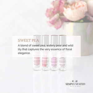 Sweet Pea Roll-On Perfume. A blend of sweet pea, watery pear and wild lily that captures the very essence of floral elegance.