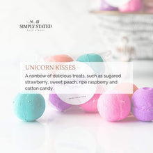 Unicorn Kisses bath bombs. A rainbow of delicious treats, such as sugared strawberry, sweet peach, ripe raspberry and cotton candy.