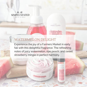 Watermelon Delight Hand Soap. Experience the joy of a Farmers Market in early fall with this delightful fragrance. The refreshing notes of juicy watermelon, ripe peach, and sweet strawberry mingle in perfect harmony.