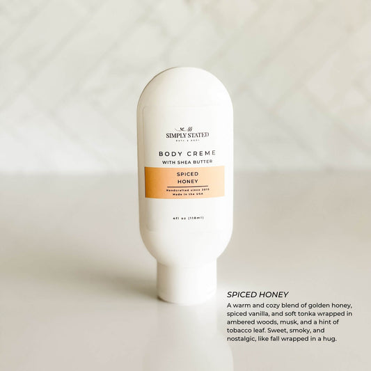 Spiced Honey Body Crème – warm amber and honey scented lotion with shea butter in white bottle
