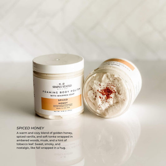 Spiced Honey Foaming Body Polish with creamy whipped top and warm seasonal scent description