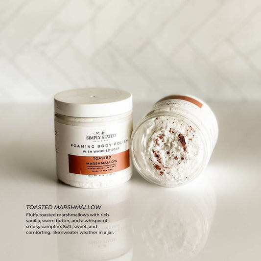 Toasted Marshmallow Body Polish with whipped soap texture and cozy campfire scent