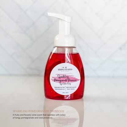 Winter Collection Hand Soap in Sparkling Pomegranate Prosecco. Scent description "A fruity and flowery wine scent that sparkles with notes of tangy pomegranate and iced prosecco."