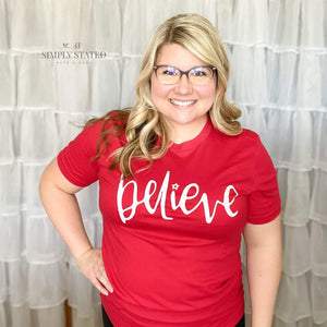 Graphic Tee in Christmas Red with "Believe."