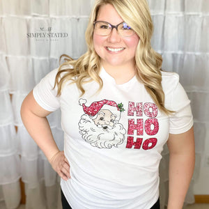Graphic Tee in white with faux sequins. Vintage Santa and pink "ho ho ho"