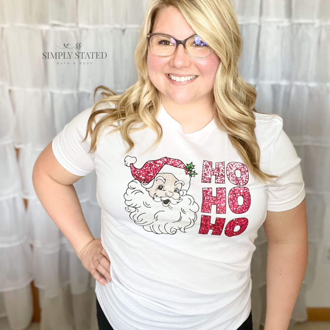 Graphic Tee in white with faux sequins. Vintage Santa and pink 