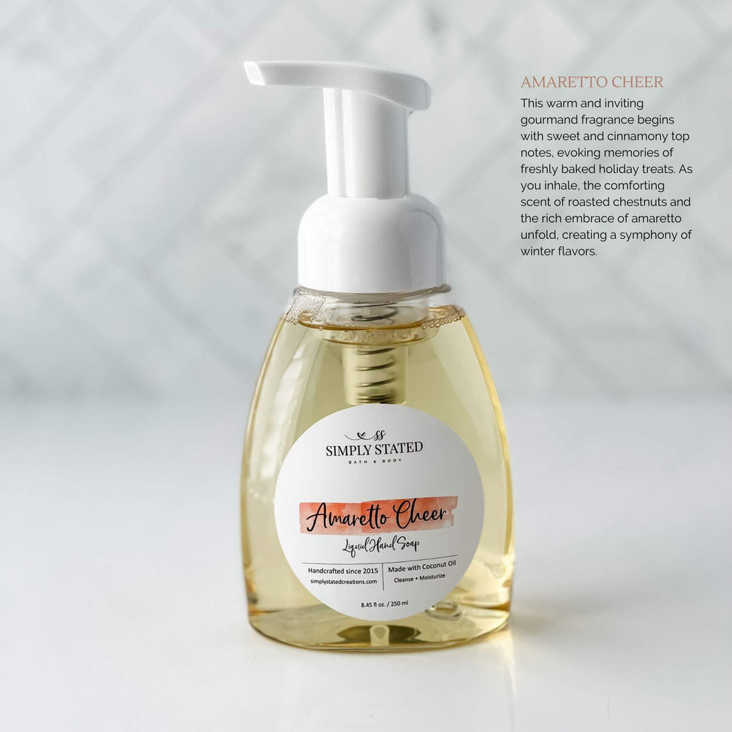 2023 Christmas Collection Liquid Hand Soap in Amaretto Cheer (natural color). This warm and inviting gourmand fragrance begins with sweet and cinnamony top notes, evoking memories of freshly baked holiday treats. As you inhale, the comforting scent of roasted chestnuts and the rich embrace of amaretto unfold, creating a symphony of winter flavors.