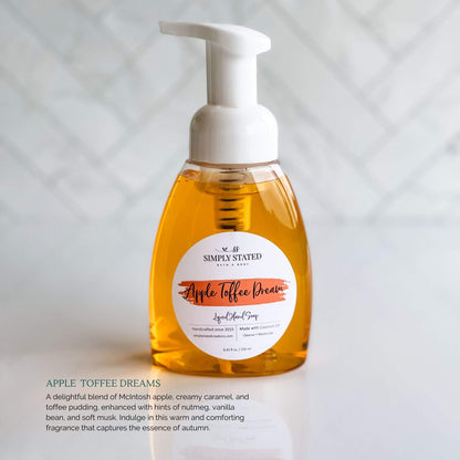 Autumn Vibes Foaming Liquid Hand Soap in Apple Toffee Dreams: A delightful blend of McIntosh apple, creamy caramel, and toffee pudding, enhanced with hints of nutmeg, vanilla bean, and soft musk. Indulge in this warm and comforting fragrance that captures the essence of autumn.