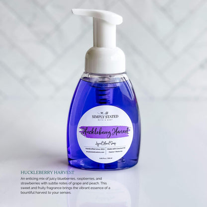 Autumn Vibes Foaming Liquid Hand Soap in Huckleberry Harvest: An enticing mix of juicy blueberries, raspberries, and strawberries with subtle notes of grape and peach. This sweet and fruity fragrance brings the vibrant essence of a bountiful harvest to your senses.