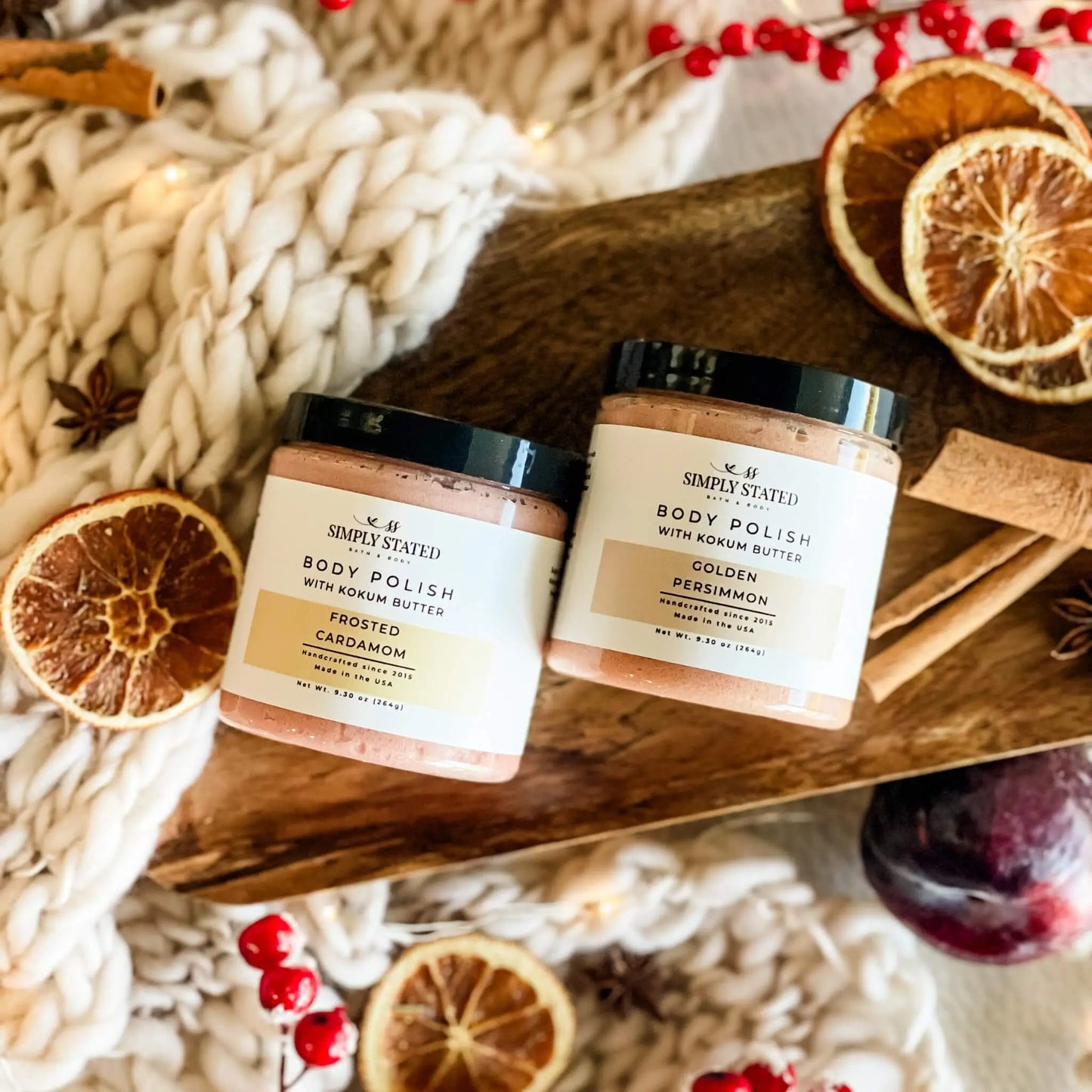 Simply Stated Body Polishes in Golden Persimmon and Frosted Cardamom
