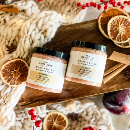 Simply Stated Body Polishes in Golden Persimmon and Frosted Cardamom