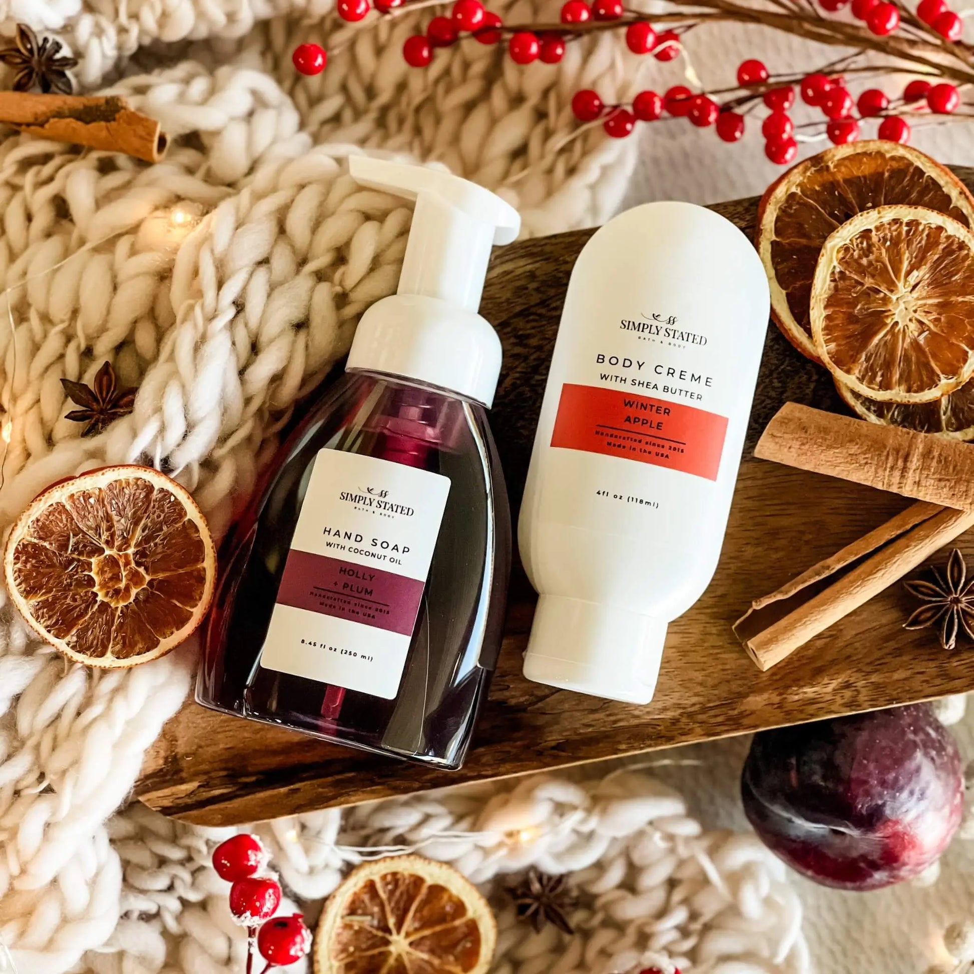 Holiday scents Winter Apple and Holly Plum bath + body duo by Simply Stated