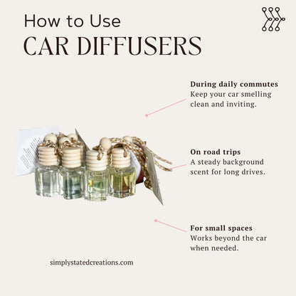 Infographic showing how to use Clean, Long-Lasting Air Freshener car diffusers, wooden bead bottles on a cord.