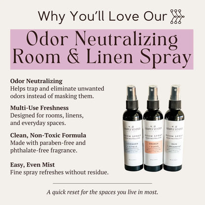 Infographic showing benefits of Odor Neutralizing Room Linen Spray: Lavender Citrus, Orange Guava, Rain Spearmint.