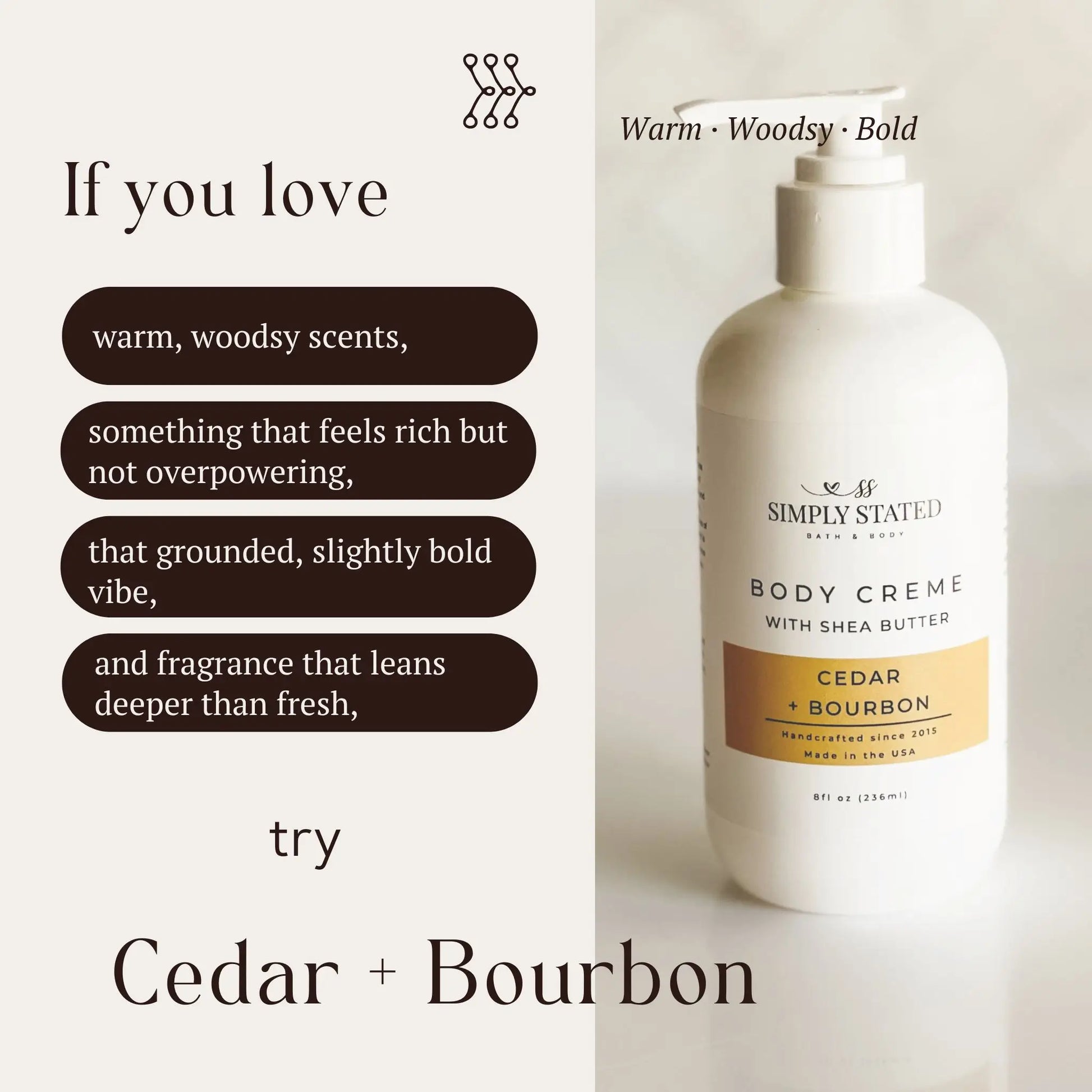 Infographic for Simply Stated Bath & Body Cedar + Bourbon, showing Body Creme with Shea Butter and scent description