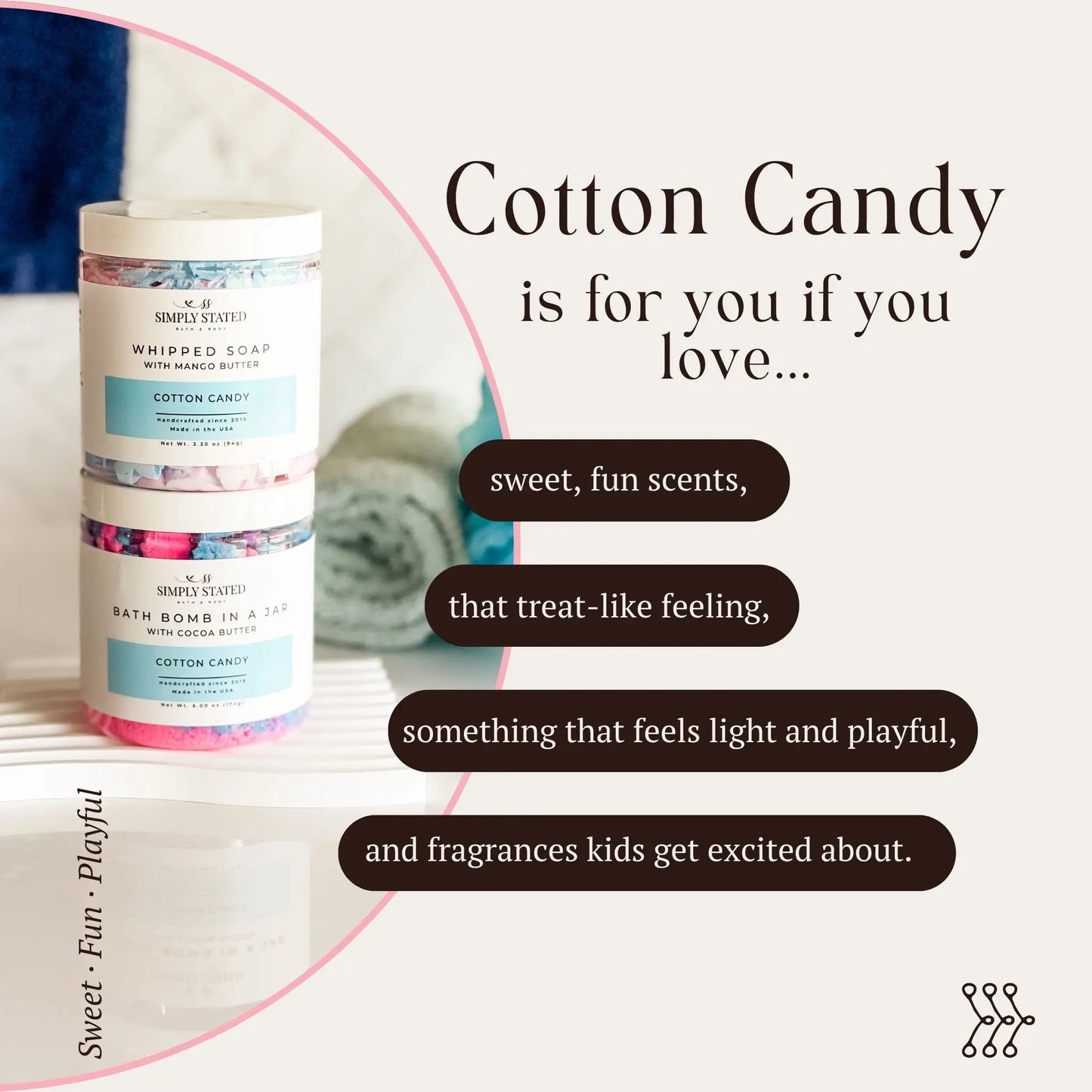 Infographic showing Simply Stated Cotton Candy Whipped Soap and Bath Bomb in a Jar, describing the sweet, playful scent.