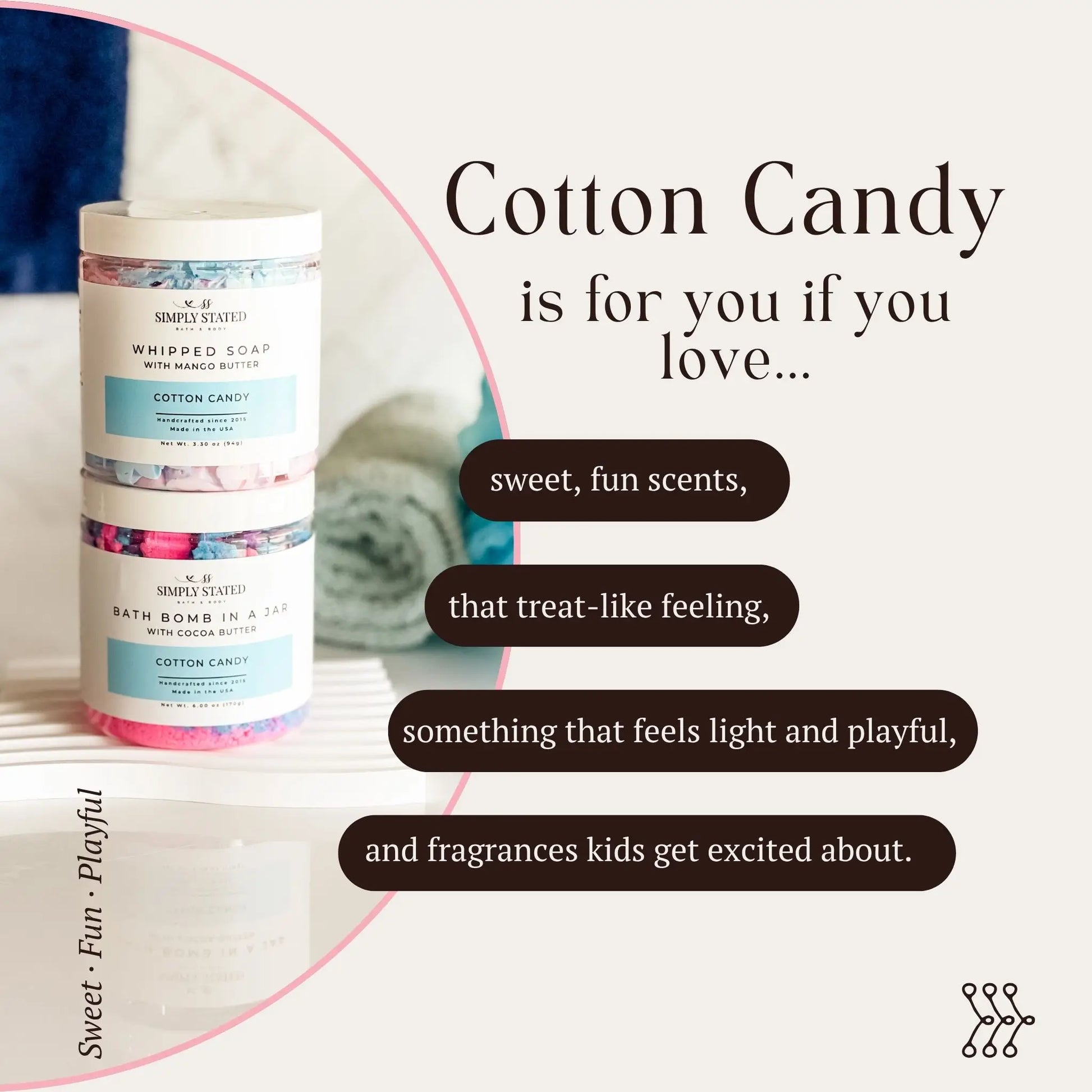 Infographic showing Simply Stated Cotton Candy Whipped Soap and Bath Bomb in a Jar, describing the sweet, playful scent.