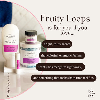 Infographic showing Simply Stated Fruity Loops Body Creme, Lip Scrub, Whipped Soap, and Lip Balm collection.