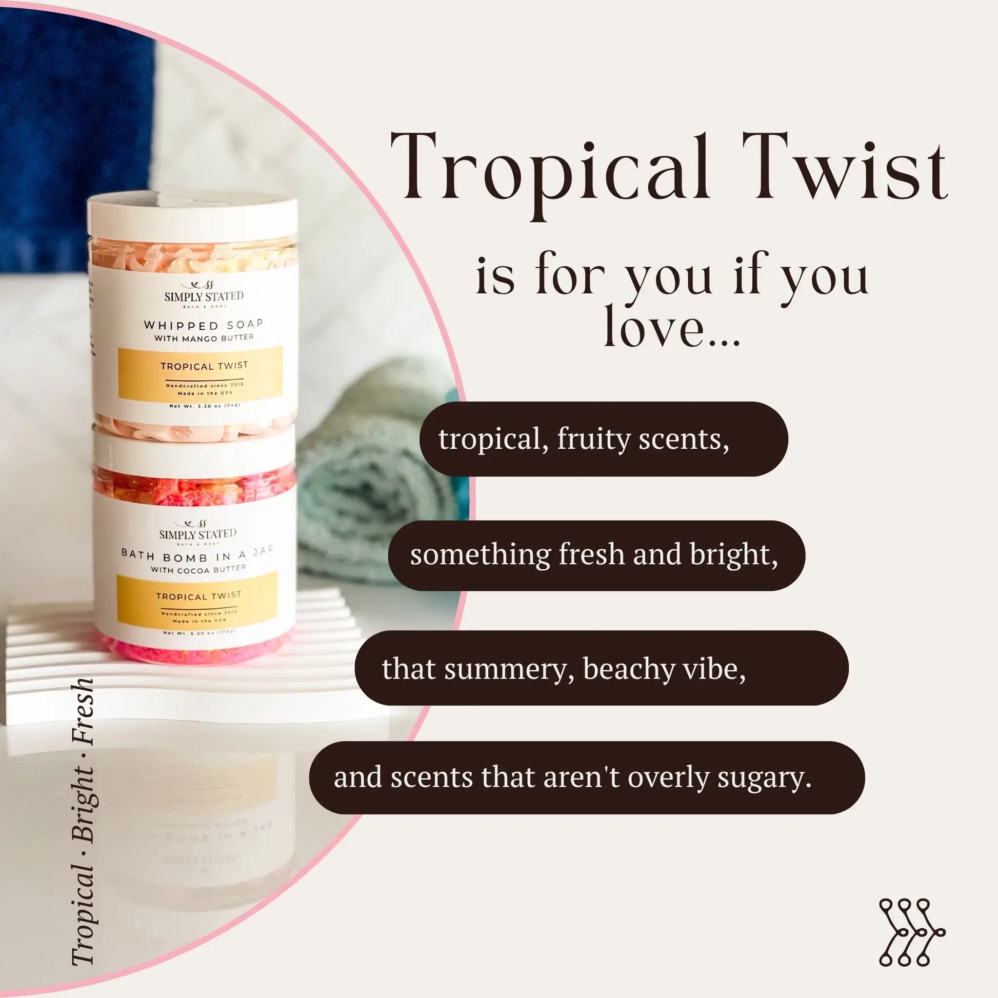 Infographic showing Simply Stated Tropical Twist Whipped Soap and Bath Bomb in a Jar collection.