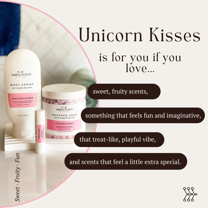 Infographic showing Simply Stated Unicorn Kisses Body Creme, Whipped Soap, and Lip Balm collection.