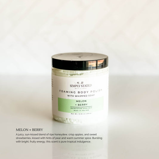Melon + Berry Foaming Body Polish – whipped green sugar scrub with fruity melon and berry fragrance in 8 oz jar