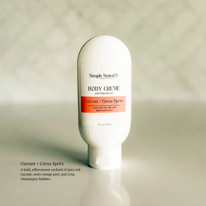 Body crème bottle labeled 'Simply Stated' on a neutral background