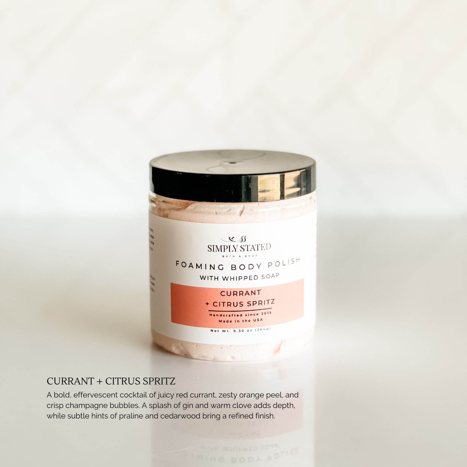 Currant + Citrus Spritz Foaming Body Polish – effervescent citrus sugar scrub with orange and champagne notes in 8 oz jar