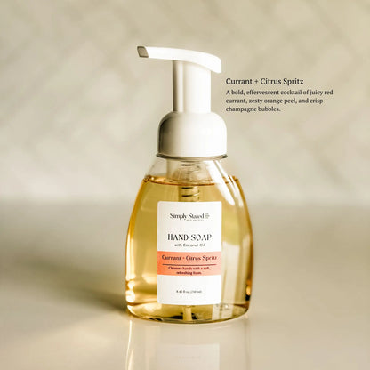 Hand soap bottle labeled 'Simply Stated' with a beige background