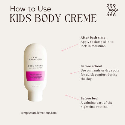 Infographic showing how to use Simply Stated Fruity Loops Kids Body Creme with Shea Butter.