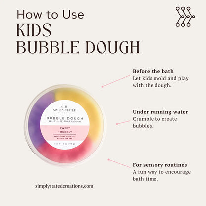 Infographic showing how to use Simply Stated Sweet Bubbly Kids Bubble Dough multi-use soap dough in the bath.