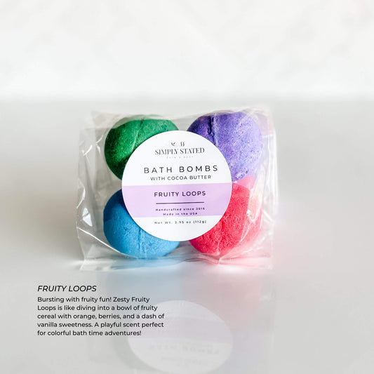 Simply Stated Kids Line Bath Bomb Pack in Fruity Loops scent, showcasing vibrant red, green, blue, and purple bath bombs, packaged with a lavender-accented label.