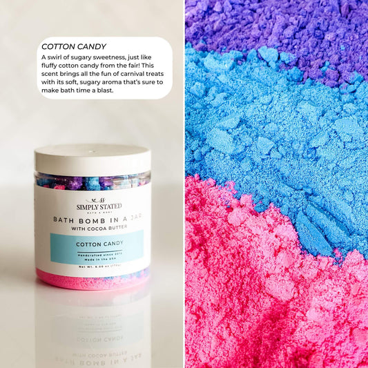 Bath bomb in a jar with cotton candy scent and colorful bath powder.