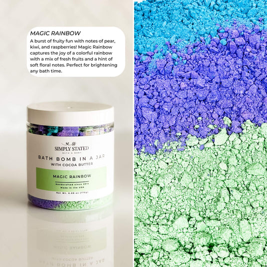 Bath bomb in a jar with colorful bath bomb mix on a white background