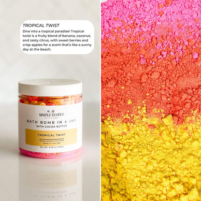 Bath bomb in a jar with colorful bath bomb mix on a white background