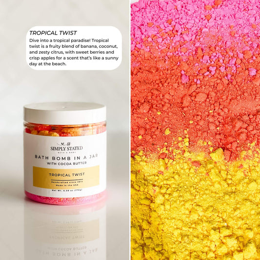 Bath bomb in a jar with colorful bath bomb mix on a white background