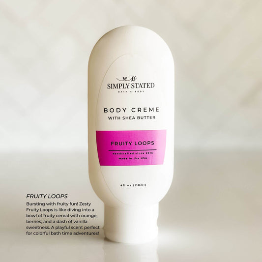 Fruity Loops Kids Body Crème with shea butter and sunflower oil for gentle hydration and a playful fruity scent.