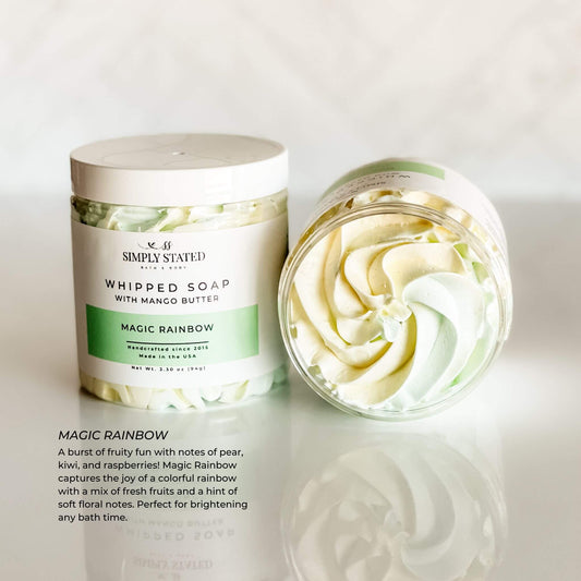 Simply Stated Bath & Body Magic Rainbow Whipped Soap for kids. A colorful swirl of pastel hues with fruity notes of pear, kiwi, and raspberries, this whipped soap brings vibrant joy to bath time. Made with nourishing mango butter.