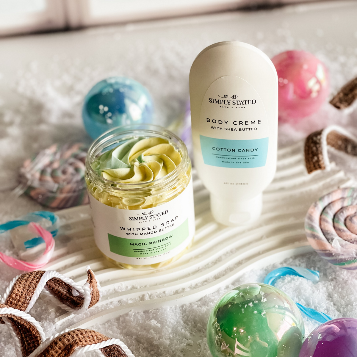 Magic rainbow whipped soap with mango butter and cotton candy body creme with shea butter by Simply Stated